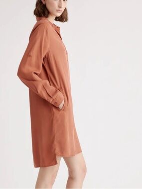 Quince Vintage Wash Tencel Roll Sleeve Tunic Dress Shirt Dress Terracotta M